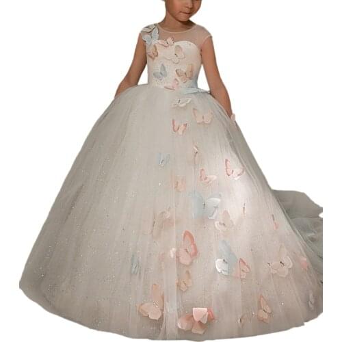 Elegant Trailing White Tulle Ball Gown Flower Girl Dress Butterfly First Communion Dress For Girls Kid Peagant Wedding Gown