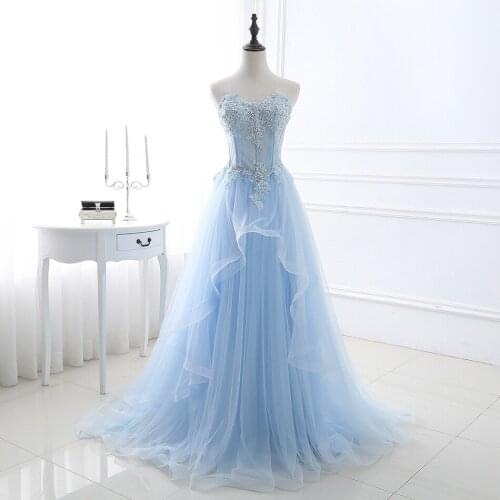 Elegant Sweetheart Neckline Floor Length Long Blue Tulle Prom Dress Sequins Beaded Lace Appliqued Women Dresses Spring New