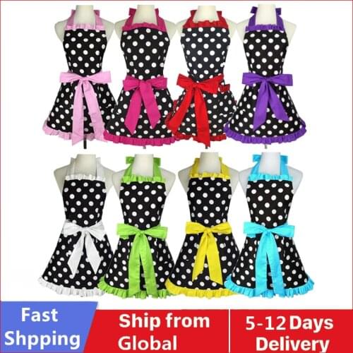Cotton Cute Women Apron Women Retro Black Polka Dot Retro Ruffle Side Vintage Cooking Aprons with Pockets for Women Girls