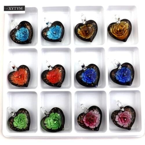 Cute Heart Shaped Black Background Handmade All Glass Work Pendant With Bright Color Flower Inside 12pcs/lot