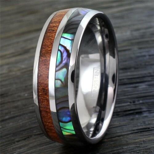 8mm Mens Domed Tungsten Hawaiian Koa Wood & Abalone Ring Wedding Band Siz 6-13