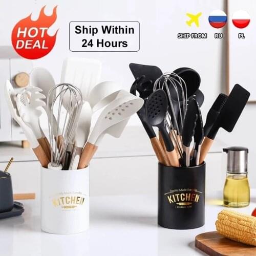 11PCS Silicone Cooking Utensils Set Non-Stick Spatula Soup Spoon Eggbeater Food Clip Wooden Handle with Storage Box Kitchen Tool