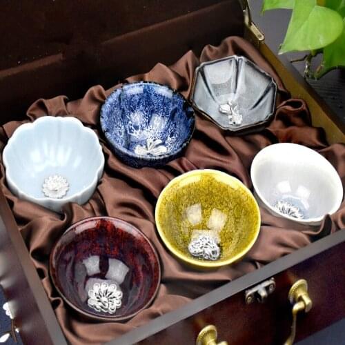 6pcs/Lot Gold Road Silversmith Tea Set Ceramic Set in Sterling Silver Cup Day Glazed Cup Set nice gift for up elder