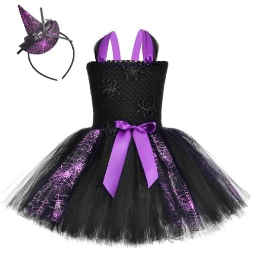 Spider Fancy Tutu Dress Girls Spiderweb Halloween Costumes for Kids Toddler Girl Cosplay Party Dresses with Witch Hat Outfits