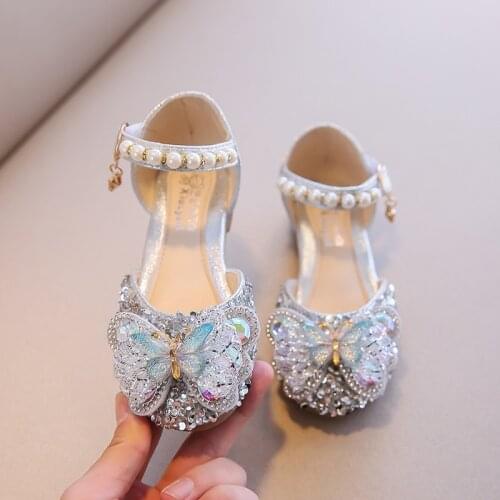 2021 New Girls Sequin Bow Kids Shoes Girls Cute Pearl Princess Dance Single Casual Shoe Childrens Party Wedding Shoes 3-13year