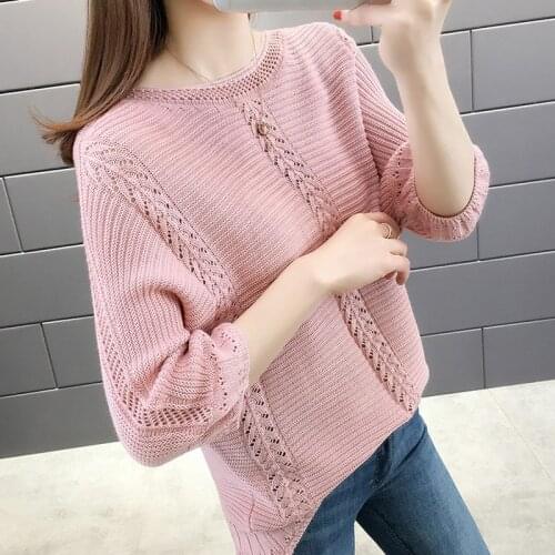New Hollow Thin Knitting Solid Color Student Pullover Pink Three Quarter Sweater
