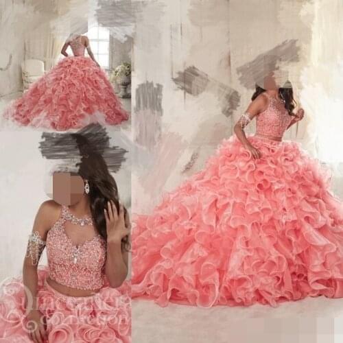 2019 Ruffles Two Pieces Coral Quinceanera Dresses Sweet 16 Organza Plus Masquerade Sheer Prom Occasion Dress vestidos de 15 anos