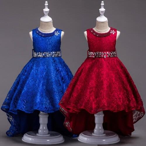 For 8 10 12 14 Years Girls Prom Frocks Diamond Belt Trailing Lace Princess Asymmetrical Dress Vestidos Wedding Birthday Dresses