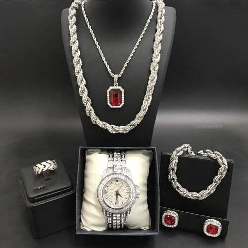 Luxury Men Silver Color Watch & Neckalce & Braclete & Ring & Earrings Combo Watch Set In Crystal Ice Out Cuban Earrings For Men