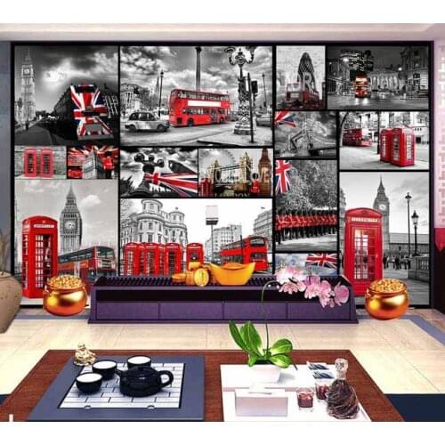 Vintage 5d photo Papel mural of England Big Ben & red bus for background mural wallpaper 3d wall murals for living room