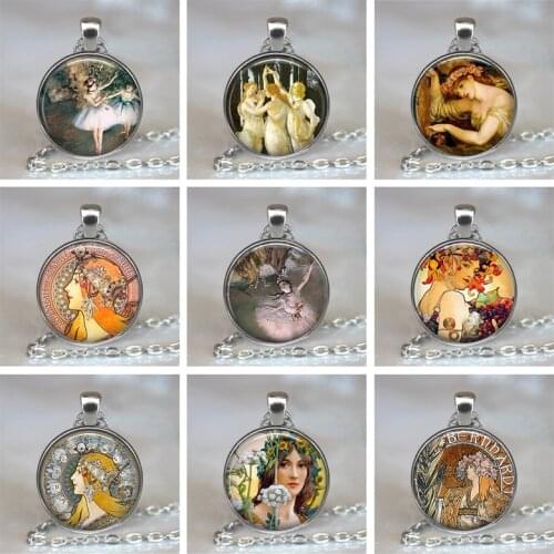 Vintage Alphonse Mucha Art Picture Handmade Glass Cabochon Pendant Statement Necklace Creative Jewelry Accessories for Women