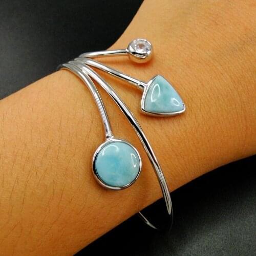 High Quality Real Natural Larimar Bracelet Larimar Leaf Bangle 925 Sterling Silver Open Size Bangle for Gift