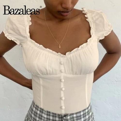 Bazaleas harajuku shirt Vintage Blouse Chic White Cap Sleeve ropa mujer Fashion Center Buttons blouse women