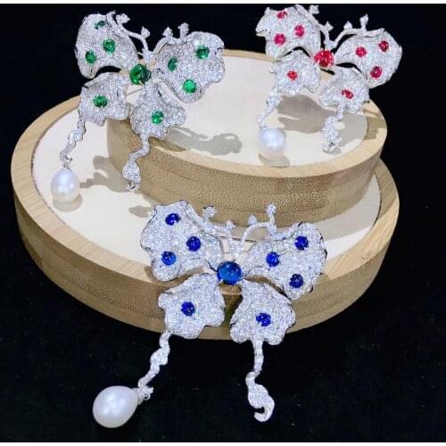 Natural fresh water pearl 925 sterling silver with cubic zircon butterfly brooch blue green red color fine women jewelry
