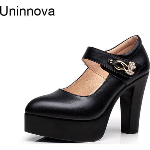 Women Mary Janes Platform Shoes Super High Heels Ankle Shallow Office Lady Court Shoes BlacK White Uninnova Business PumpsWP046