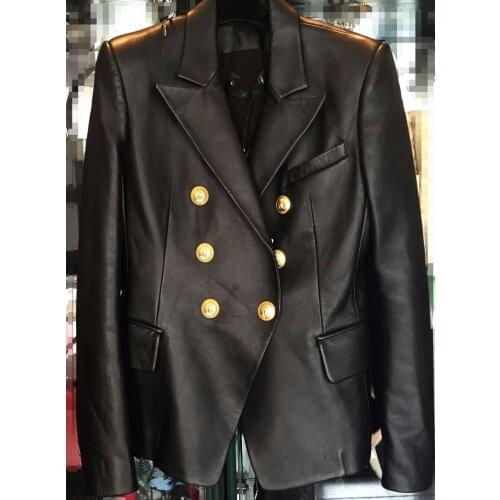 2016 Yidora Luxury Fashion Runway Women Black Double Breasted Genuine Sheepskin Leather Jacket Gold Buckles Slim Leather Blazer