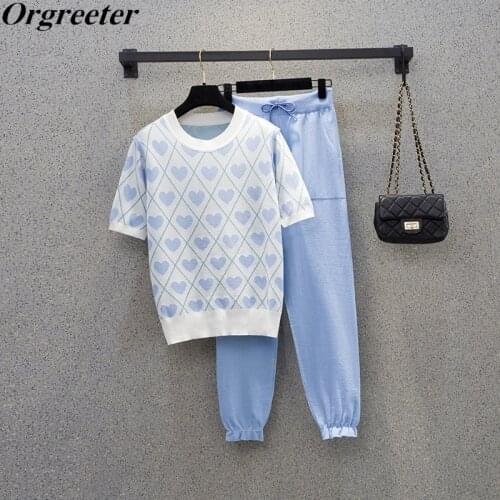 Two Piece Heart Shape Pattern Knitted Sets Women Summer Fall New Short Sleeve Pullover Tops and Elastic Waist Harem Pants Suits