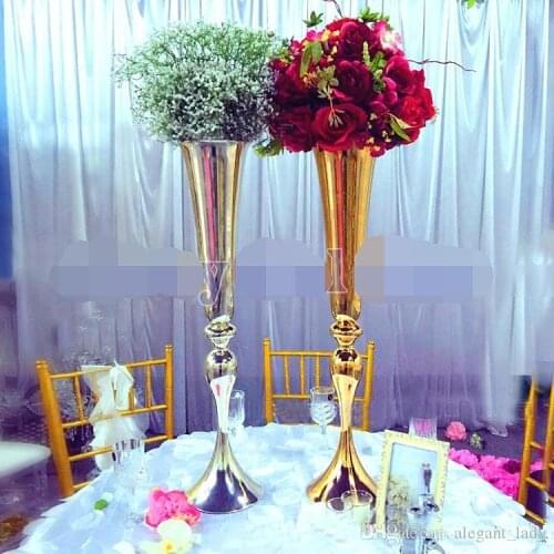 2019 Royal Gold Silver Tall Flower Vase Wedding Table Centerpieces Decor Party Road Lead Flower Holder Metal Flower Rack For DIY