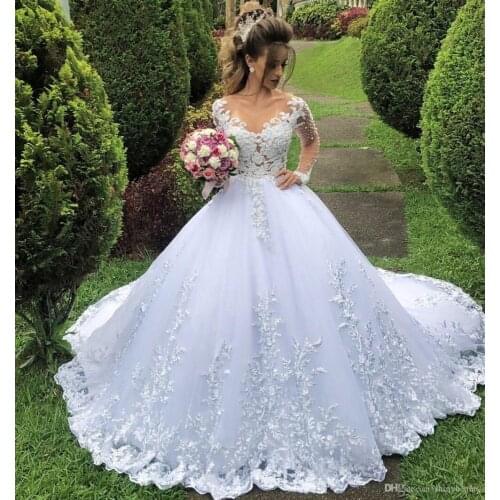 Arabic Vintage Lace Bead Pearls Wedding Dresses Sheer Neck Long Sleeves Bridal Gowns Sexy Tulle vestidos de mariage