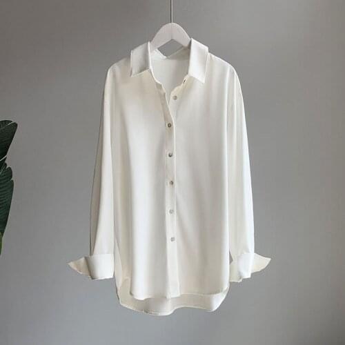 Fashion Button Satin Shirt Vintage Blouse Women White Lady Long Sleeves Female Loose Satin Blouses Spring and Autumn 2021