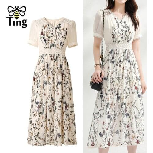 Tingfly Fashion Summer Short Sleeve Floral Print Midi Long Dress Vintage Elegat Lace Patchwork A Line Dresses Vestidos Plus Size