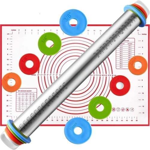 4 Adjustable Thickness Rings Pastry Mat for Baking Cookie Fondant Dough Pastry Pizza Rolling Pin Baking Pastry Mat Set