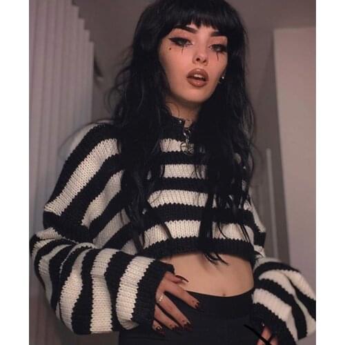 Fashion Autumn Streetwear Harajuku Vintage Striped Gothic Punk Style Oversize Long Sleeve O-neck Women Pullovers