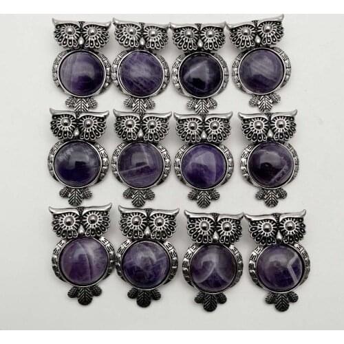 Fashion mixed Natural Stone amethysts owl Alloy Necklace Pendant for Jewelry making charm Pendulum accessories 12pcs wholesale