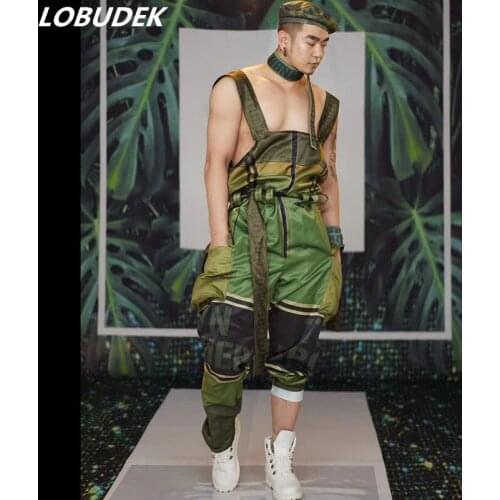 Men And Women Dancer Team Stage Outfit Festival Performance Dance Costume Army Green Jumpsuit Loose Rompers Nightclub Dance Wear