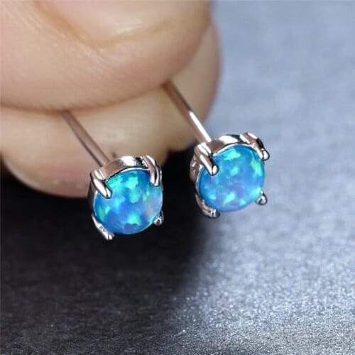 Blue Green White Opal Stud Earrings Dainty Small Round Stone Minimalist Earrings Vintage Silver Color Wedding Earrings For Women