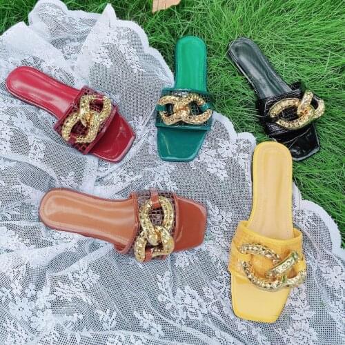 Ladies Flats Slippers Metal Chains Slides Flat Square Open Toe Flip Flops Comfortable Chaussure Femme Solid Color Female Shoes
