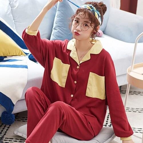 Spring And Autumn Thin Womens Plus Size Pure Cotton Household Suit Red Colour Pajamas Set