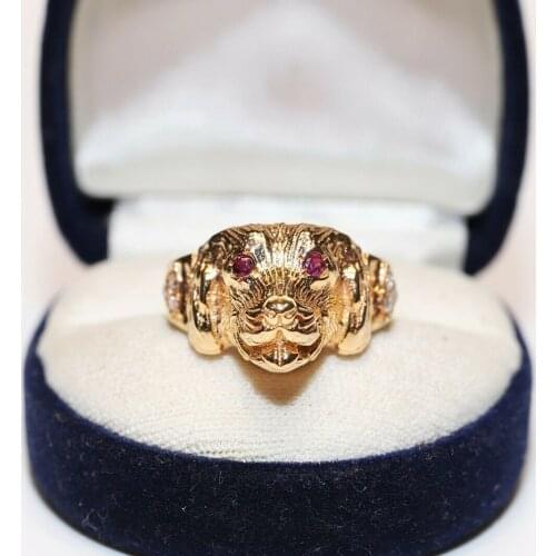 VICTORIAN STYLE NEW MADE 14K GOLD NATURAL DIAMOND AND RUBY DECORATED DOG RING
