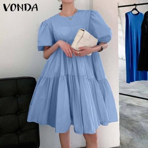 VONDA 2021 Summer Dress 3 Colors Casual Short Puff Sleeve Dresses 2021 Vintage Pleated Bohemian Vestidos Solid Beach Sundress