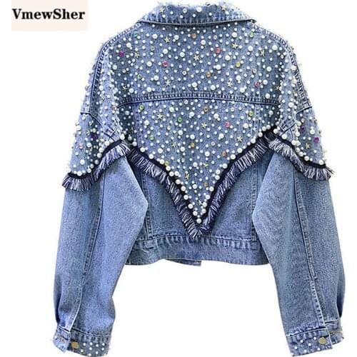 VmewSher New Chic Denim Jacket Women Pearl Beading Jeans Coat Spring Autumn Bomber Jackets Streetwear Cool Tassel Stylish Costs