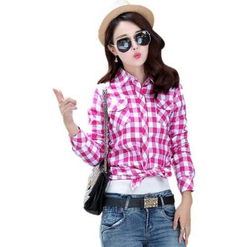 Spring Autumn Women Flannel Plaid Shirts Long Sleeve Red Plaid Shirt Ladies Causal Cotton Checked Blouses Tops Female