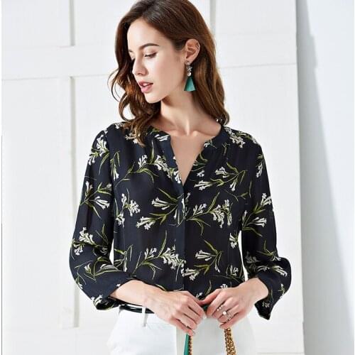 Womens Blouses and Tops Silk navy white Floral Office Formal Casual Shirts Plus Large Size Spring Summer Sexy Haut Femme