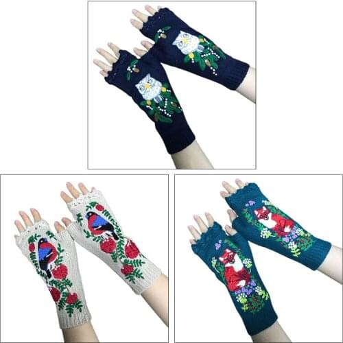 Women Winter Knit Lengthen Wrist Fingerless Gloves Colorful Animal Embroidery Crochet Thumbhole Mittens Arm Warmers