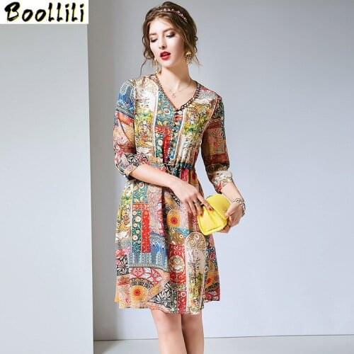 Boollili Real Silk Dress Women Summer Dress Korean Fashion Print Midi Beach Dress Elegant Vintage Party Dress Vestidos Mujer