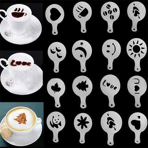 16Pcs Coffe Art Stencil tools Fashion Cappuccino Coffee Barista Stencils Template Strew Pad Duster Spray Coffee Printing Tools