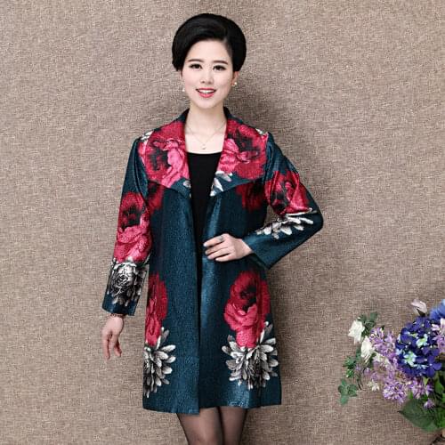 2019 Fall Spring Vintage Woman Clothes , Womens Loose Printed Floral Green Red Trench Coat , 4xl Cardigan Long Coats for Women