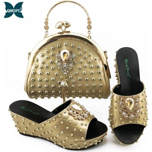 2020 Mature Style African Women Shoes and Bag to Match in Gold Color High Quality Nigerian Design Matching Shoes and Bag