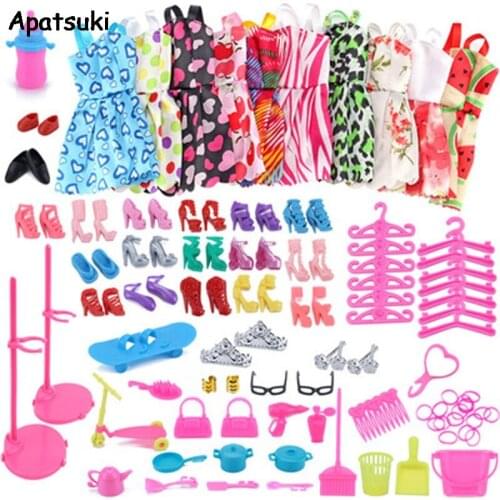 83items/set Dolls Accessories = 18 Pairs Shoes & 10 Fashion Dress For Barbie Doll Outfits Clothes Necklace Earring Stand Bag Toy