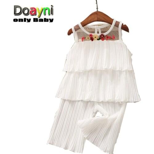 Doayni Baby Girls Clothing Sets Double Layer Up Vest Shirt with Lace Print Floral + Wide Leg Pants for 2 to 6 Y Elegant Clothes