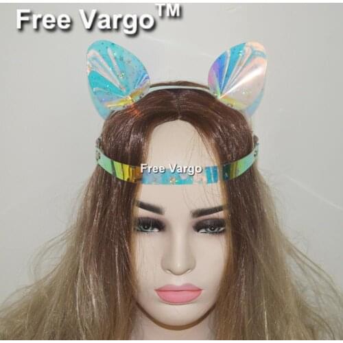 Holographic Burning Man Pvc Vinyl Headpiece Cat Ears Handband Hologram Holo Club Party Wear Cat Ears Headdress For Women