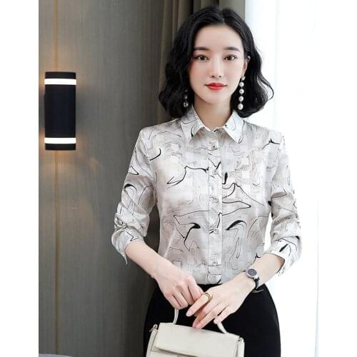 Korean Fashion Silk Flower Shirt Women Long Sleeve Women Blouses Office Lady Women Tops and Bloues Plus Size Women Clothing
