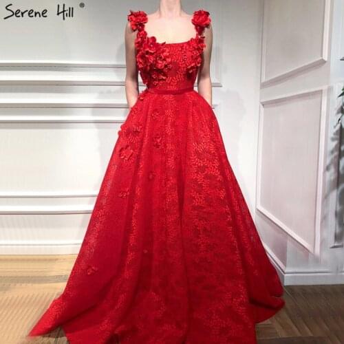 Dubai Red Sleeveless Sexy Lace Prom Dresses 2020 Handmade Flowers Pearls Prom Gowns Serene Hill BLA60961