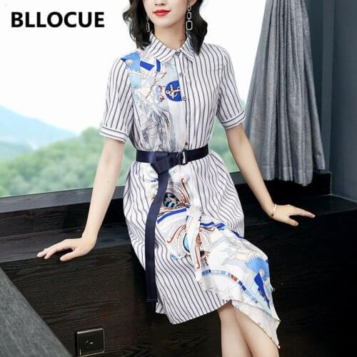BLLOCUE Summer Fashion Womens stripe Shirt Dress Women Printed Silk Scarf Patchwork Short Sleeve Irregular Dresses With Belt