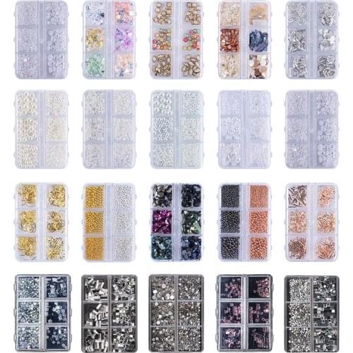 6 Grid/Box Rhinestone Flat Bottom Drill Diamond Mixed Square Pearl Flatback Nail Art Rhinestone Decoration Accessories Set