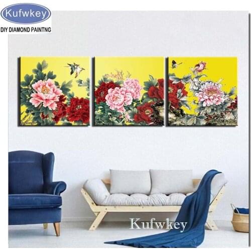 3 Panels peony flower 5d DIY Diamond Painting Cross Stitch Full Square Round Diamond Embroidery china pattern Mosaic Diamond art